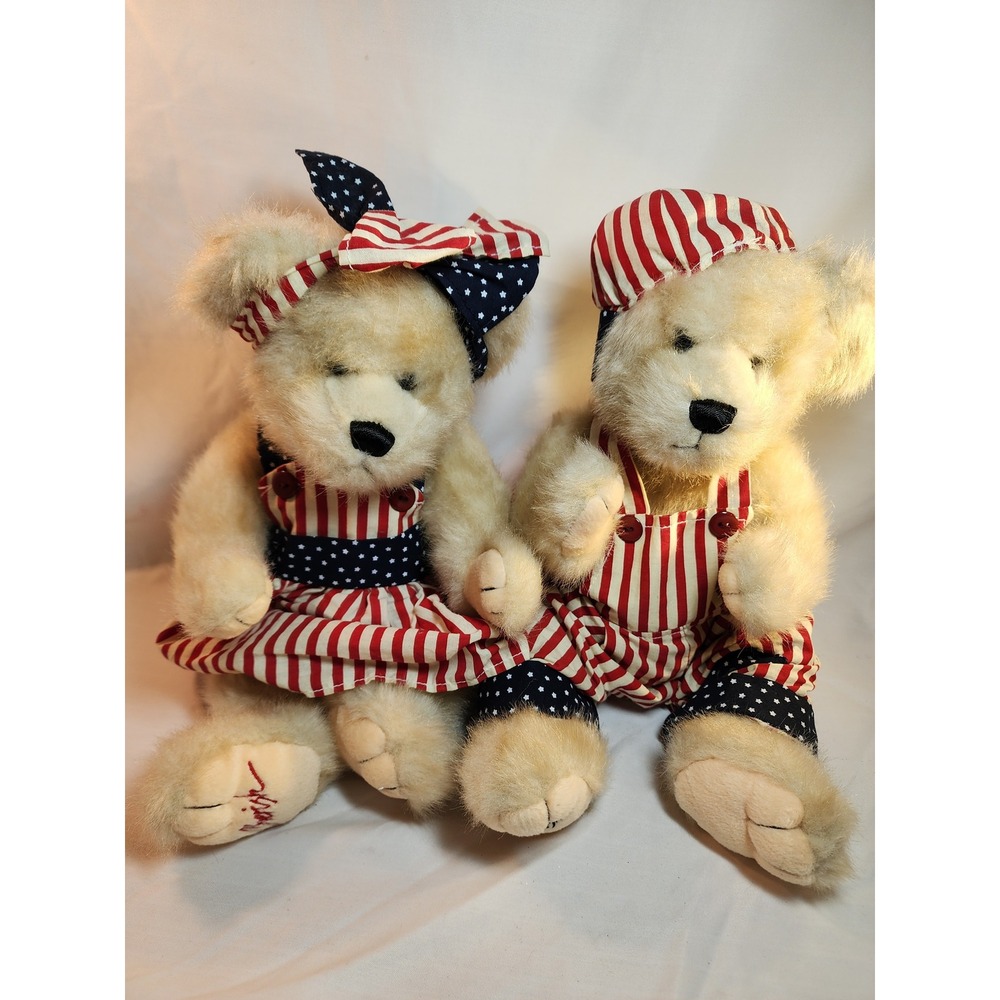 Cherish‎ Teddy Bears Patriotic Americana Plush Pair Red White Blue Stars Stripes